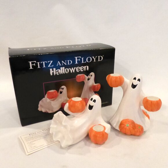 NEW 2004 FITZ & FLOYD HALLOWEEN CERAMIC SMILING GHOST TAPER CANDLE HOLDER SET - Picture 1 of 13